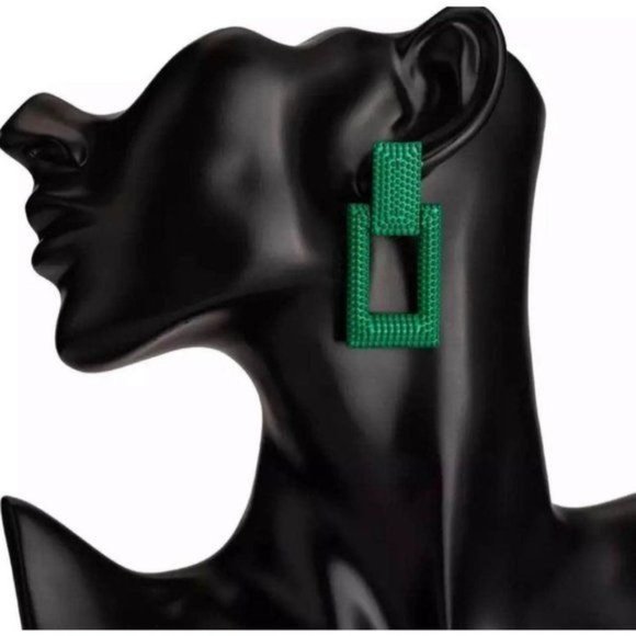 New Metal Dangle Earrings Green Rectangle Stud - Picture 1 of 4